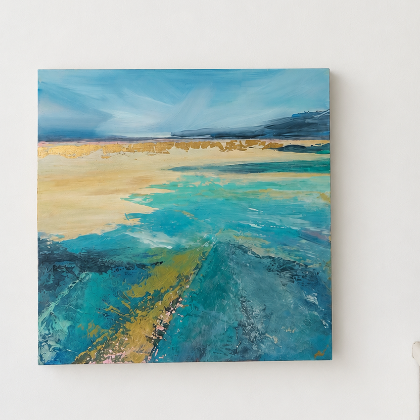 An abstract landscape painting with blue, teal, and beige tones hanging on a white wall.