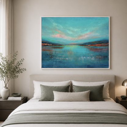 A framed landscape painting of a serene blue lake under a teal sky, displayed on a beige wall above a neatly made bed with white and green bedding in a modern bedroom setting.