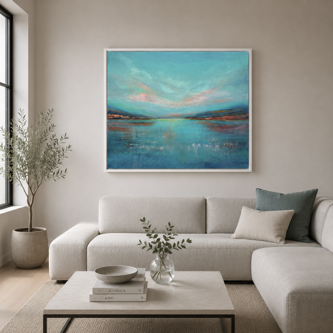 A framed abstract landscape painting with blue, teal, and pink tones hangs on a beige wall above a light gray sectional sofa in a modern living room setting.